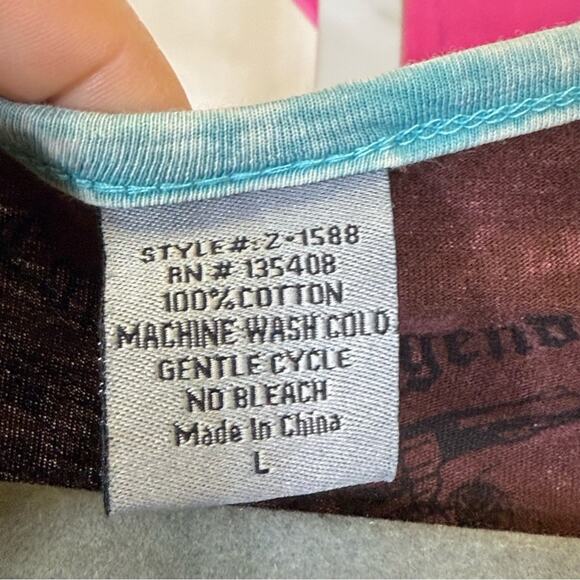 Cowgirl Legend, Graphic Embellished Blue and Brown Raglan Blouse. Size Large. - Picture 4 of 6